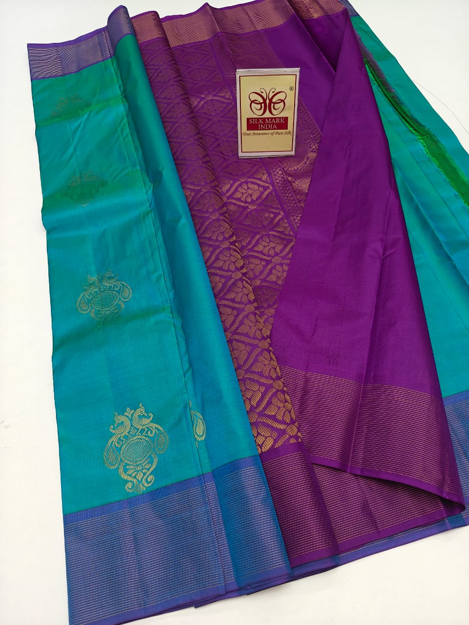 Authentic Peacock Teal & Deep Purple Pure Silk Kanjivaram Saree