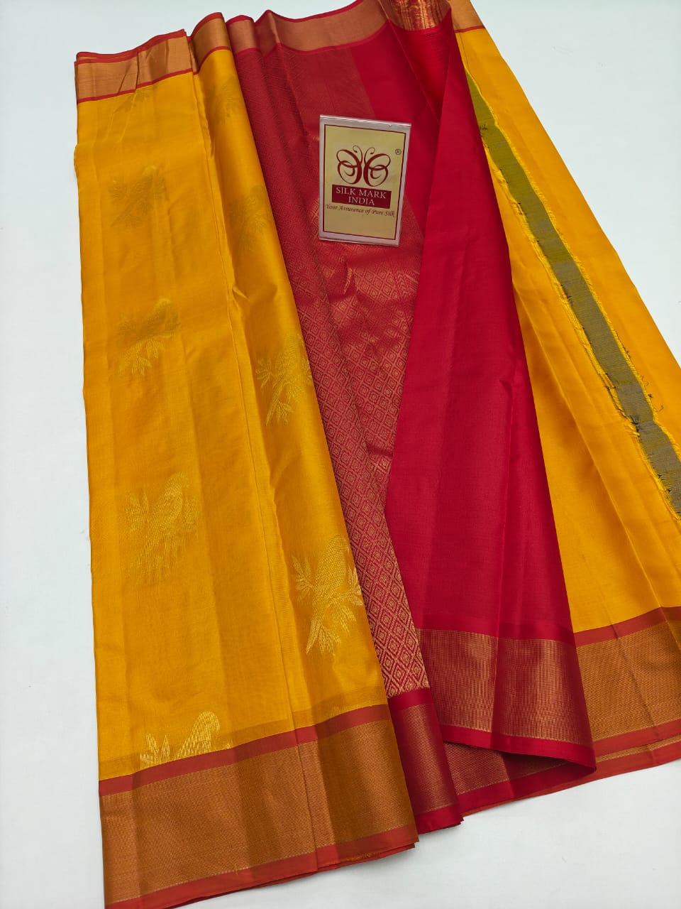 Authentic Vibrant Haldi Yellow & Crimson Red Pure Silk Kanjivaram Saree