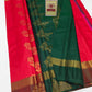 Authentic Deep Emerald Green & Coral Red Pure Silk Kanjivaram Saree