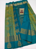 Kanjivaram Silk Saree – Dark Aqua & Pesto Color with Zari Border