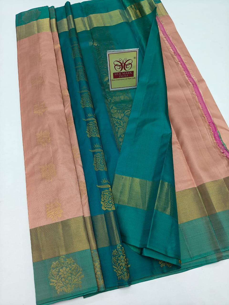 Kanjivaram Silk Saree – Deep Sea Green & Dusty Rose Color with Zari Border