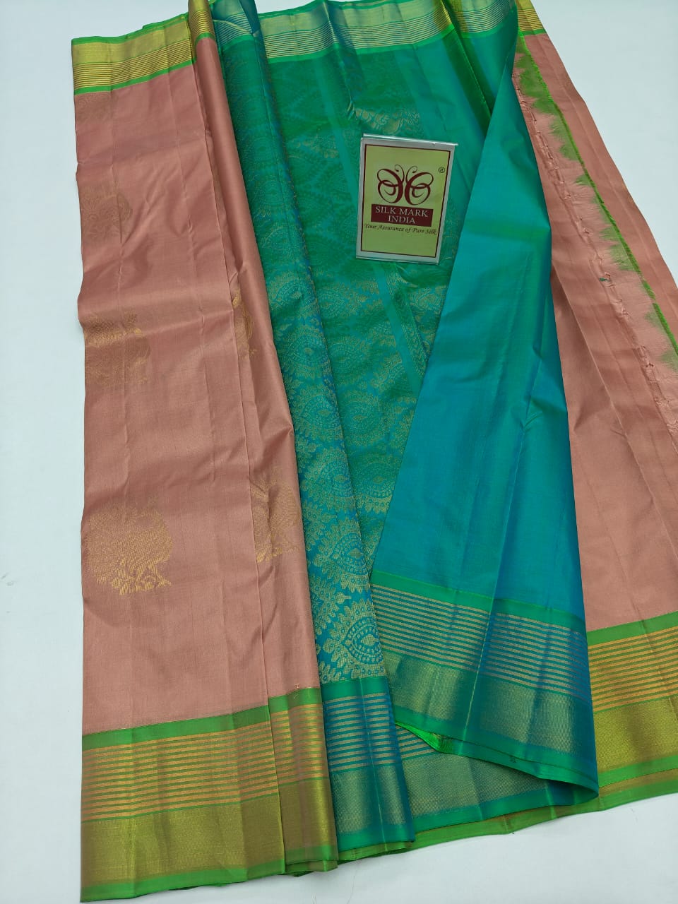 Kanjivaram Silk Saree – Deep Sea Green & Dusty Rose Color with Zari Border
