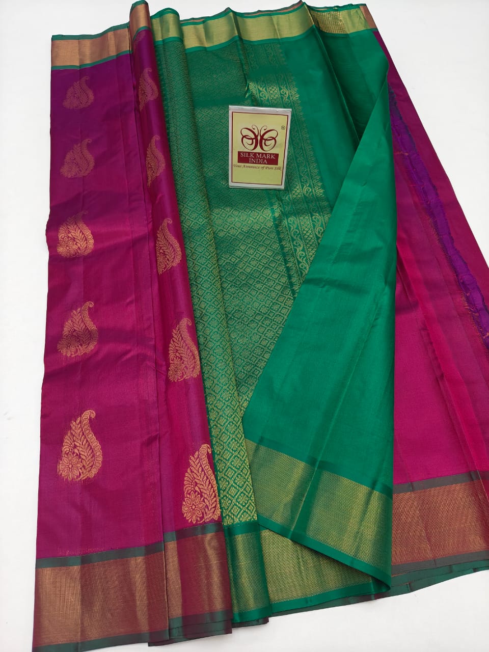 Green & Magenta Kanjivaram Silk Saree with Peacock Zari Motifs