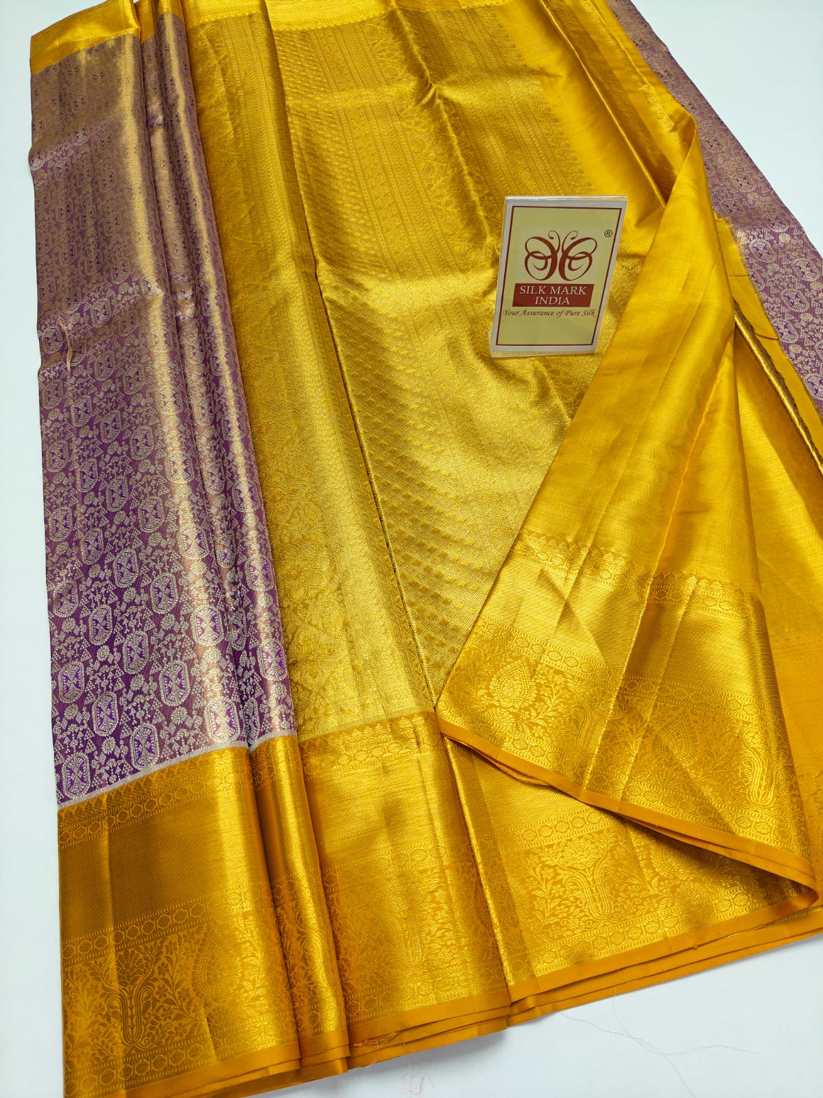Premium Golden Yellow & Lavender Purple Pure Silk Kanjivaram Saree (Silk Mark Certified)