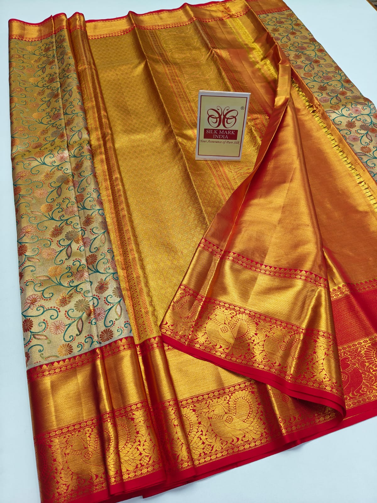 Premium Cream Meenakari Floral & Golden Yellow Pure Silk Kanjivaram Saree (Silk Mark Certified)