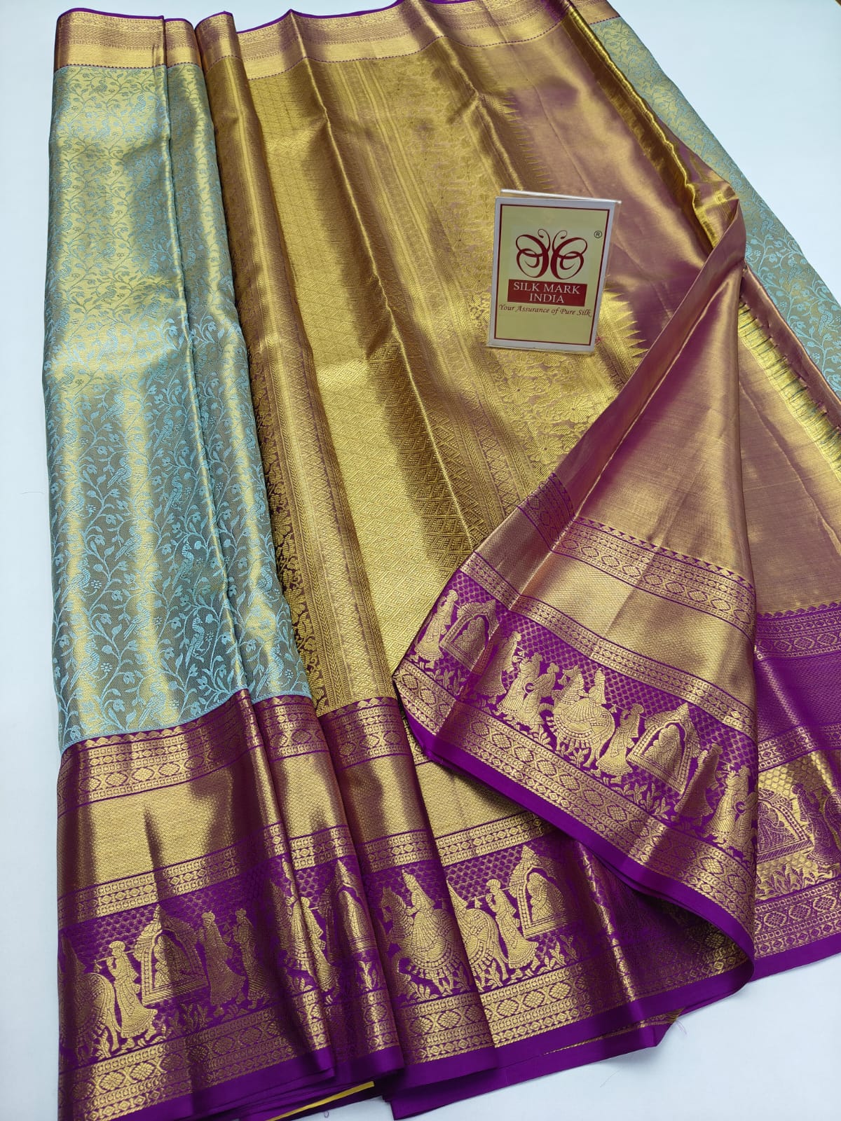 Premium Ice Blue & Metallic Gold Pure Silk Kanjivaram Saree with Royal Purple Procession Border (Silk Mark Certified)