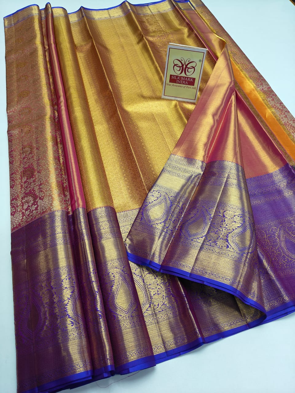 Premium Metallic Gold & Rose Pink Pure Silk Kanjivaram Saree with Royal Purple Zari Border (Silk Mark Certified)