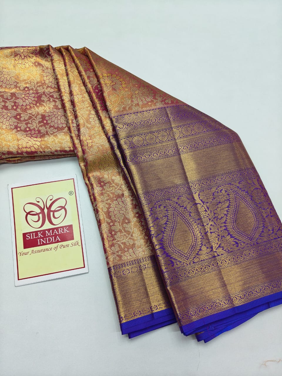 Premium Metallic Gold & Rose Pink Pure Silk Kanjivaram Saree with Royal Purple Zari Border (Silk Mark Certified)