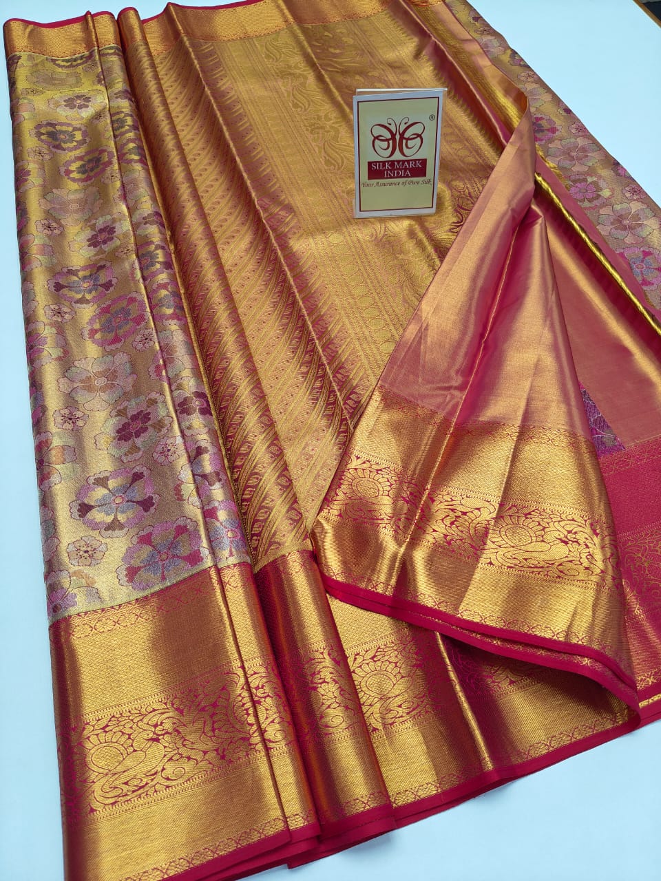 Premium Gold Tissue & Multi-Color Meenakari Floral Pure Silk Kanjivaram Saree with Rani Pink Zari Border (Silk Mark Certified)