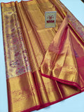 Premium Gold Tissue & Multi-Color Meenakari Floral Pure Silk Kanjivaram Saree with Rani Pink Zari Border (Silk Mark Certified)