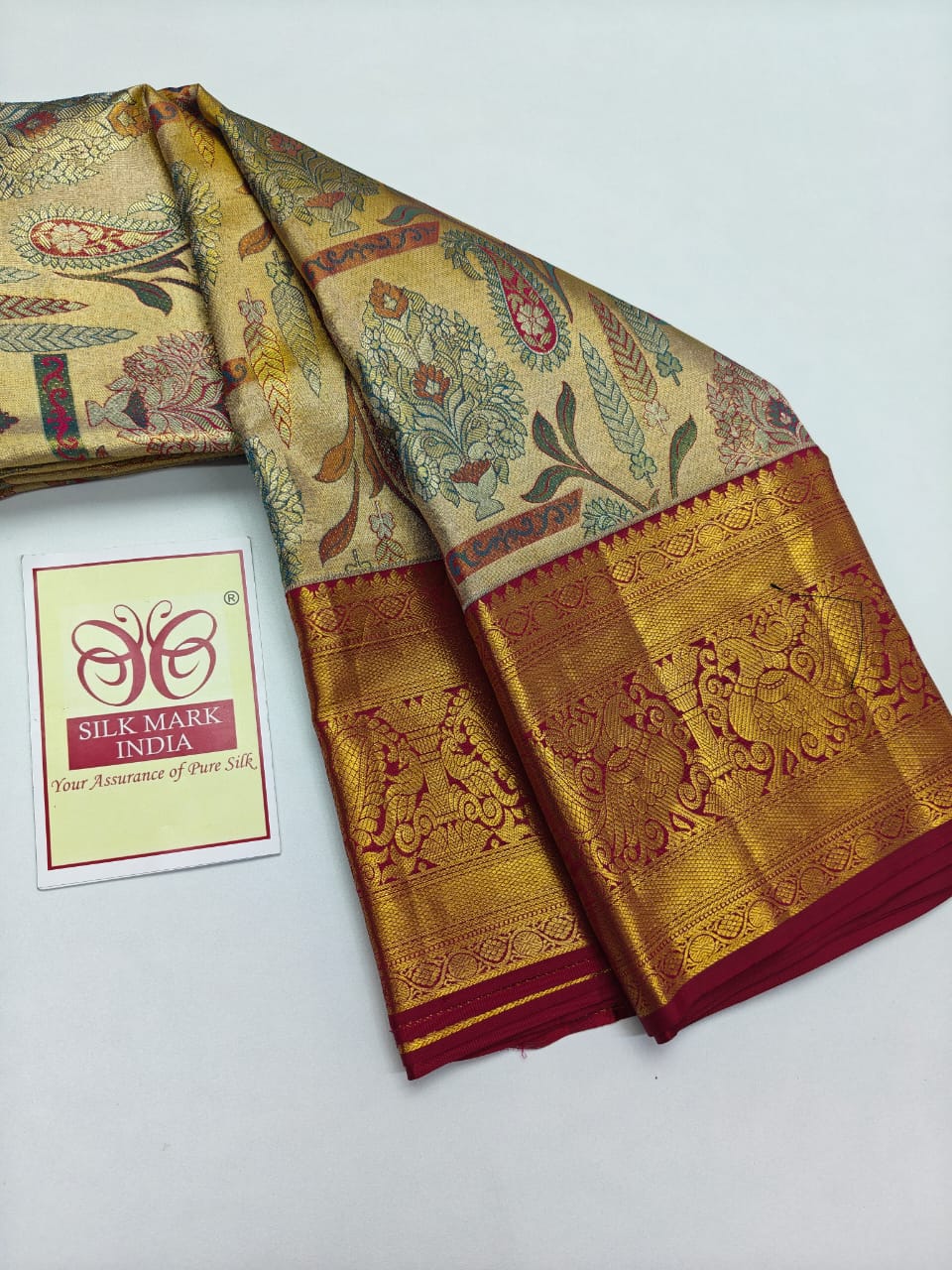 Premium Golden Mustard & Cream Tree-of-Life Pure Silk Kanjivaram Saree with Maroon Zari Border (Silk Mark Certified)