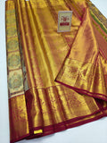Premium Golden Mustard & Cream Tree-of-Life Pure Silk Kanjivaram Saree with Maroon Zari Border (Silk Mark Certified)