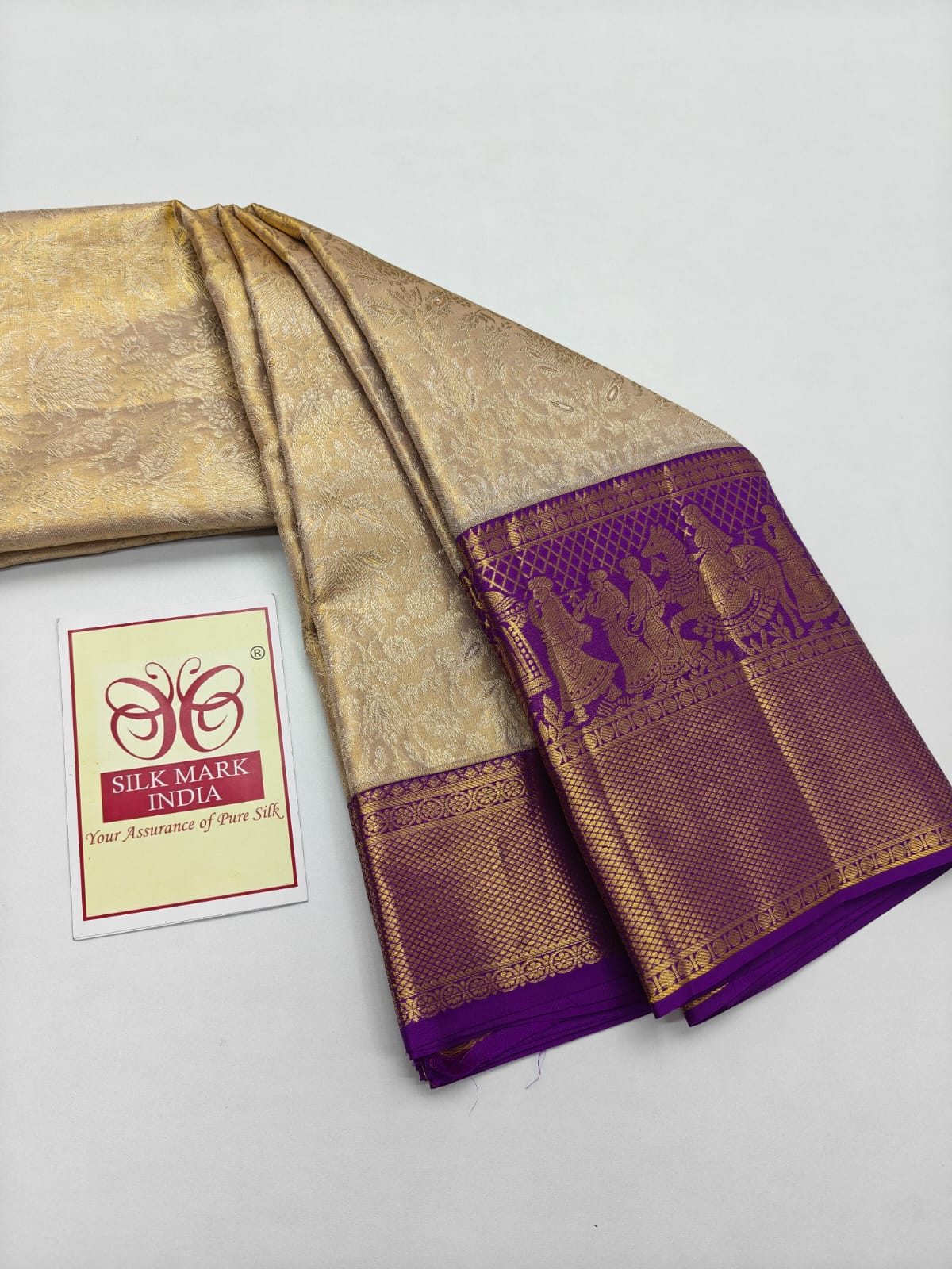 Premium Off-White & Royal Purple Pure Silk Kanjivaram Saree (Silk Mark Certified)