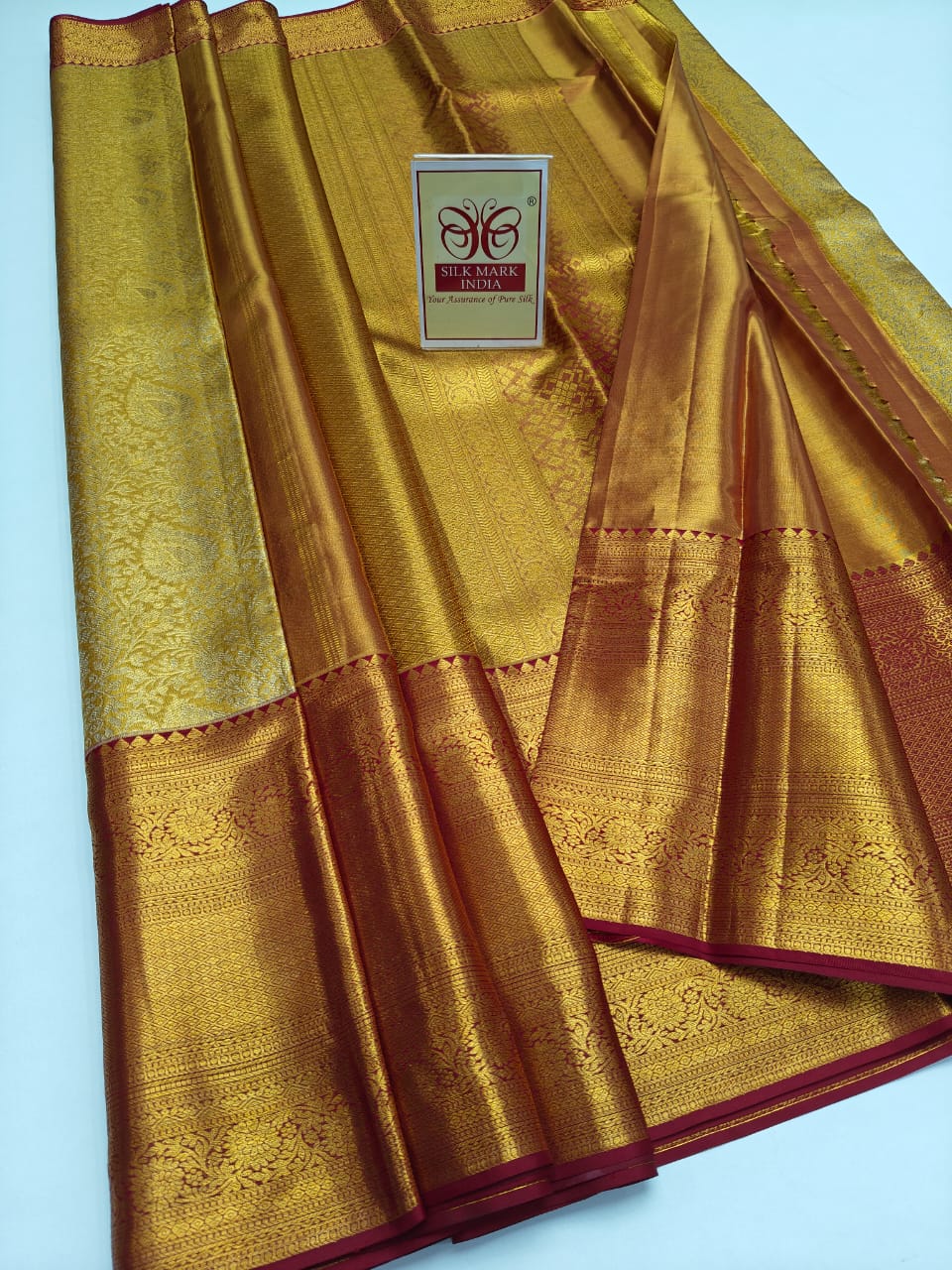 Premium Metallic Gold & Crimson Maroon Pure Silk Kanjivaram Saree (Silk Mark Certified)