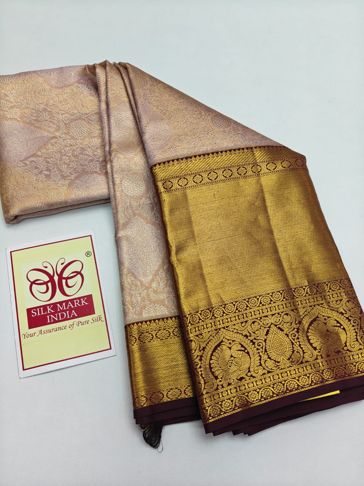 Premium Blush Pink & Deep Wine Pure Silk Kanjivaram Saree (Silk Mark Certified)