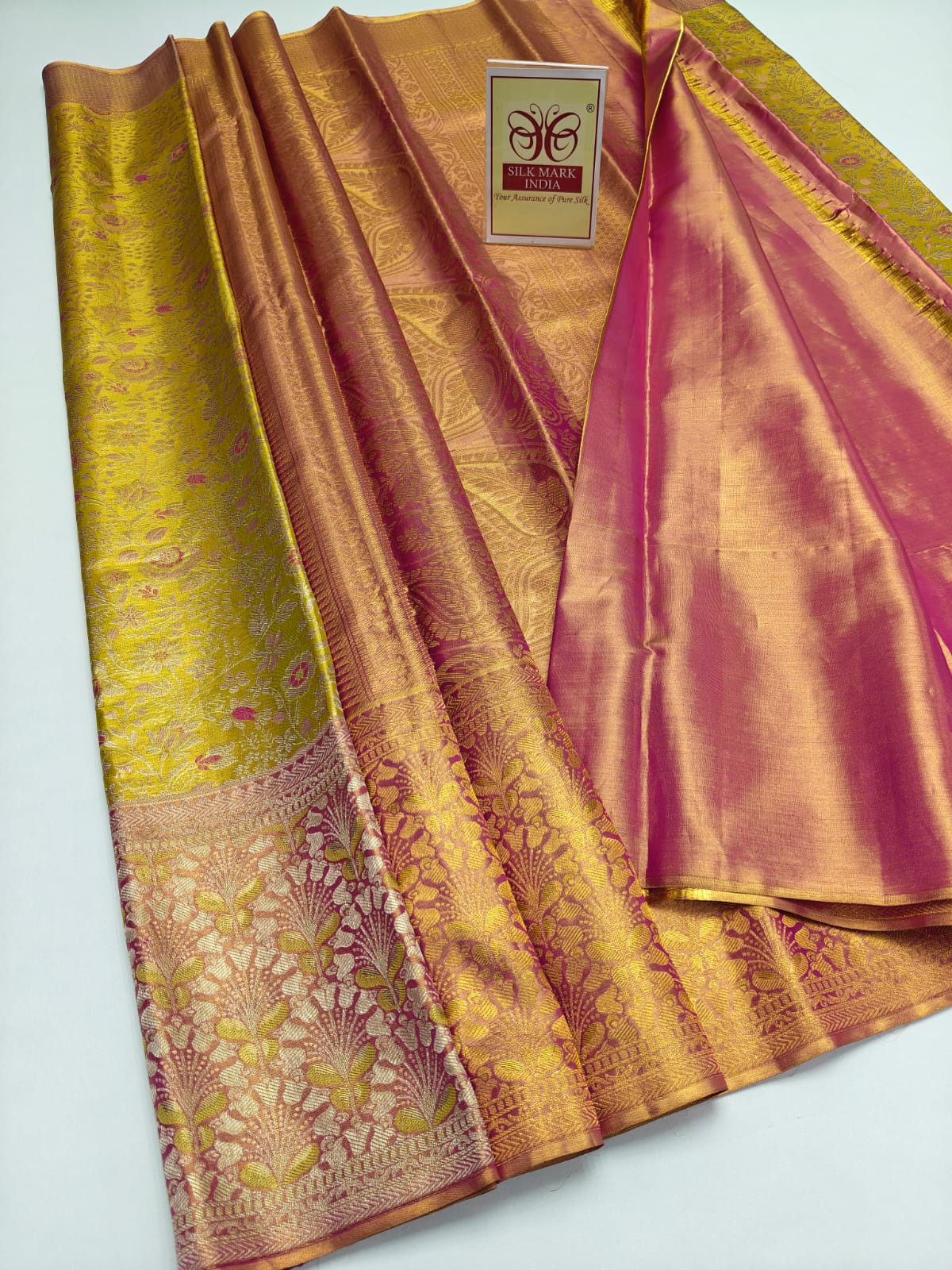 Premium Olive Chartreuse & Rose Pink Pure Silk Kanjivaram Saree (Silk Mark Certified)