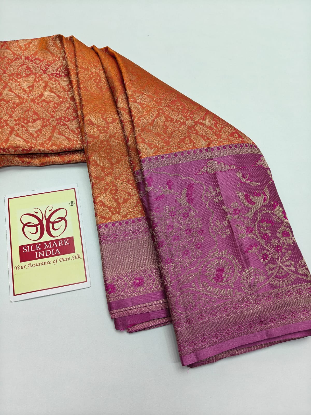 Premium Vibrant Orange & Orchid Pink Pure Silk Kanjivaram Saree (Silk Mark Certified)