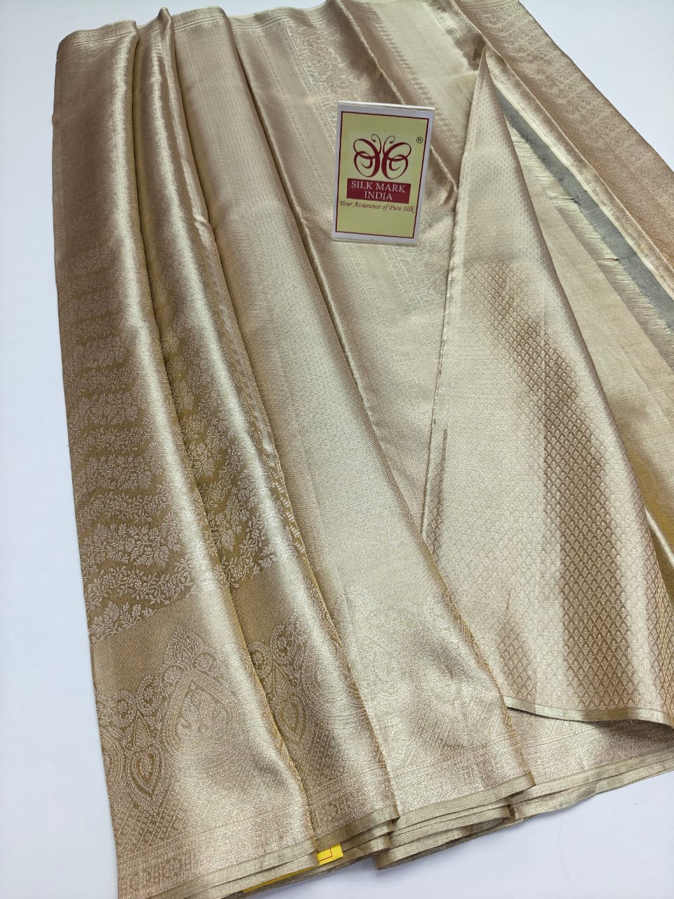 Premium Champagne Gold & Silver Tissue Pure Silk Kanjivaram Saree (Silk Mark Certified)