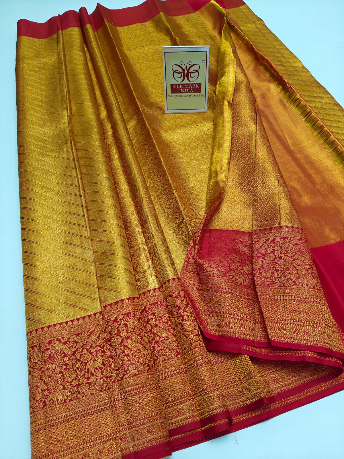 Premium Golden Yellow & Crimson Red Pure Silk Kanjivaram Saree (Silk Mark Certified)