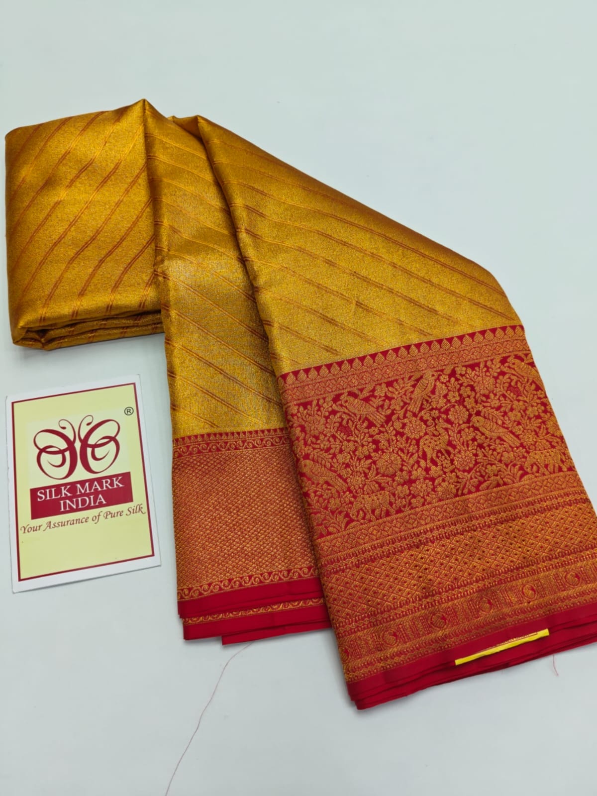 Premium Golden Yellow & Crimson Red Pure Silk Kanjivaram Saree (Silk Mark Certified)