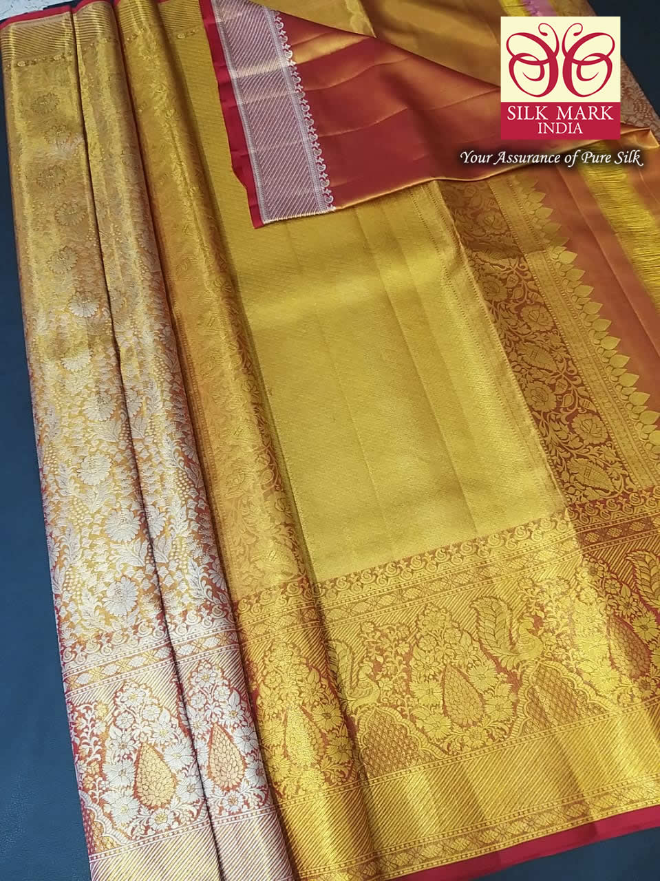Premium Mustard Gold & Silver Brocade Pure Silk Kanjivaram Saree with Coral Red Zari Border (Silk Mark Certified)