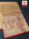 Premium Golden Mustard Floral Brocade Pure Silk Kanjivaram Saree with Crimson Red Zari Border (Silk Mark Certified)