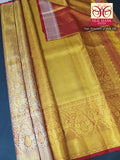 Premium Mustard Gold & Silver Brocade Pure Silk Kanjivaram Saree with Coral Red Zari Border (Silk Mark Certified)