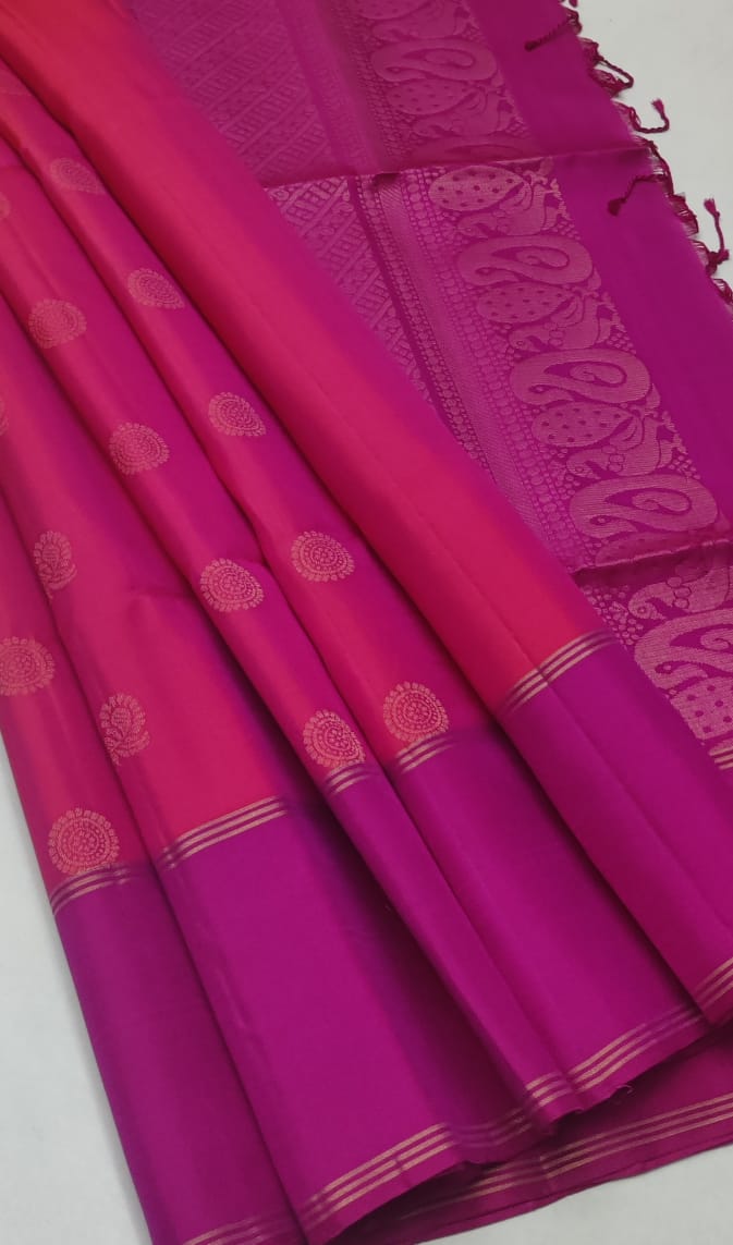 Rani Pink & Magenta Kanjivaram Style Semi-Silk Saree with Gold Zari Round Motifs