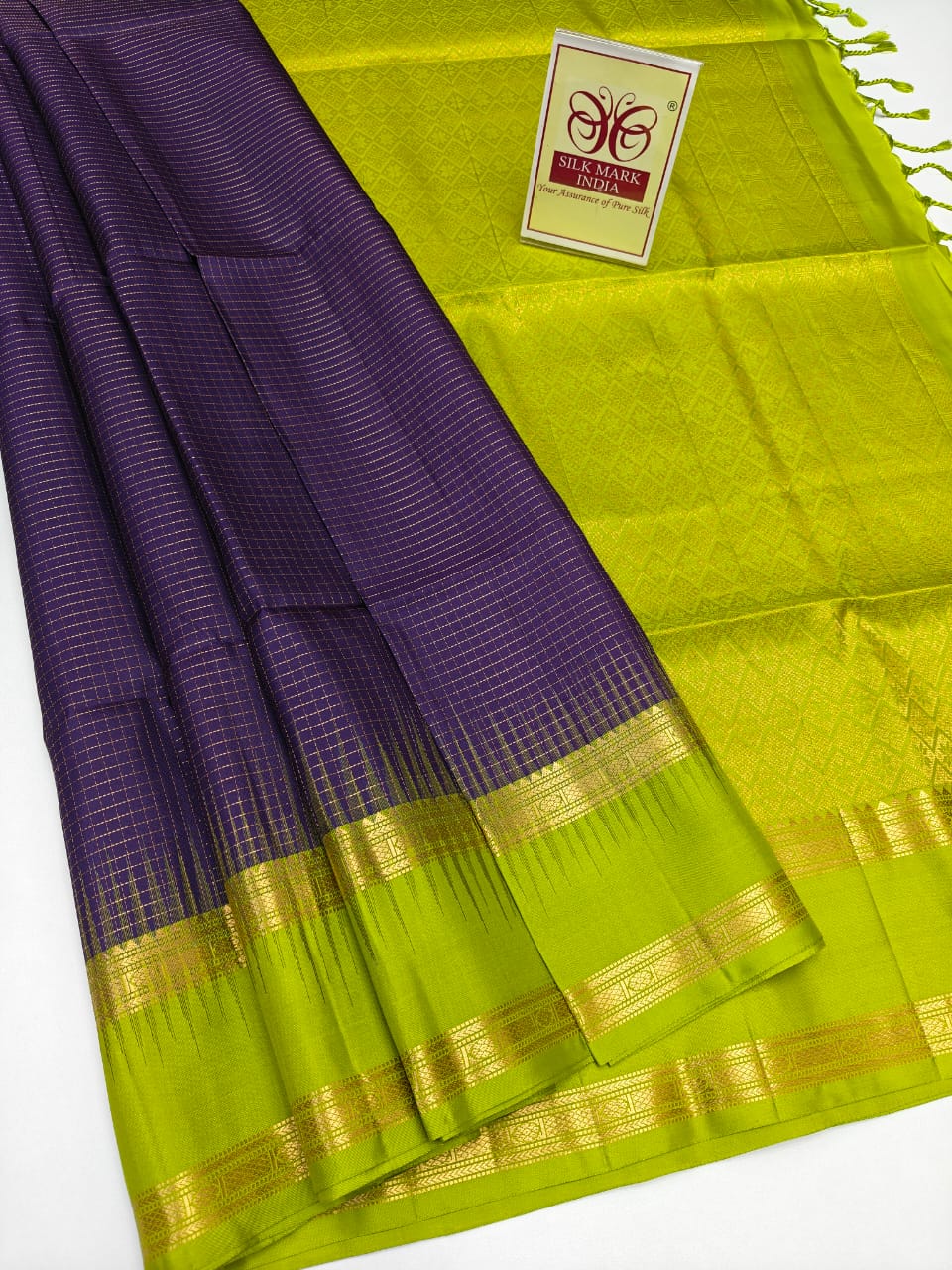 Deep Purple & Lime Green Kanjivaram Style Semi-Silk Saree with Zari Micro-Checks