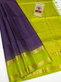 Deep Purple & Lime Green Kanjivaram Style Semi-Silk Saree with Zari Micro-Checks