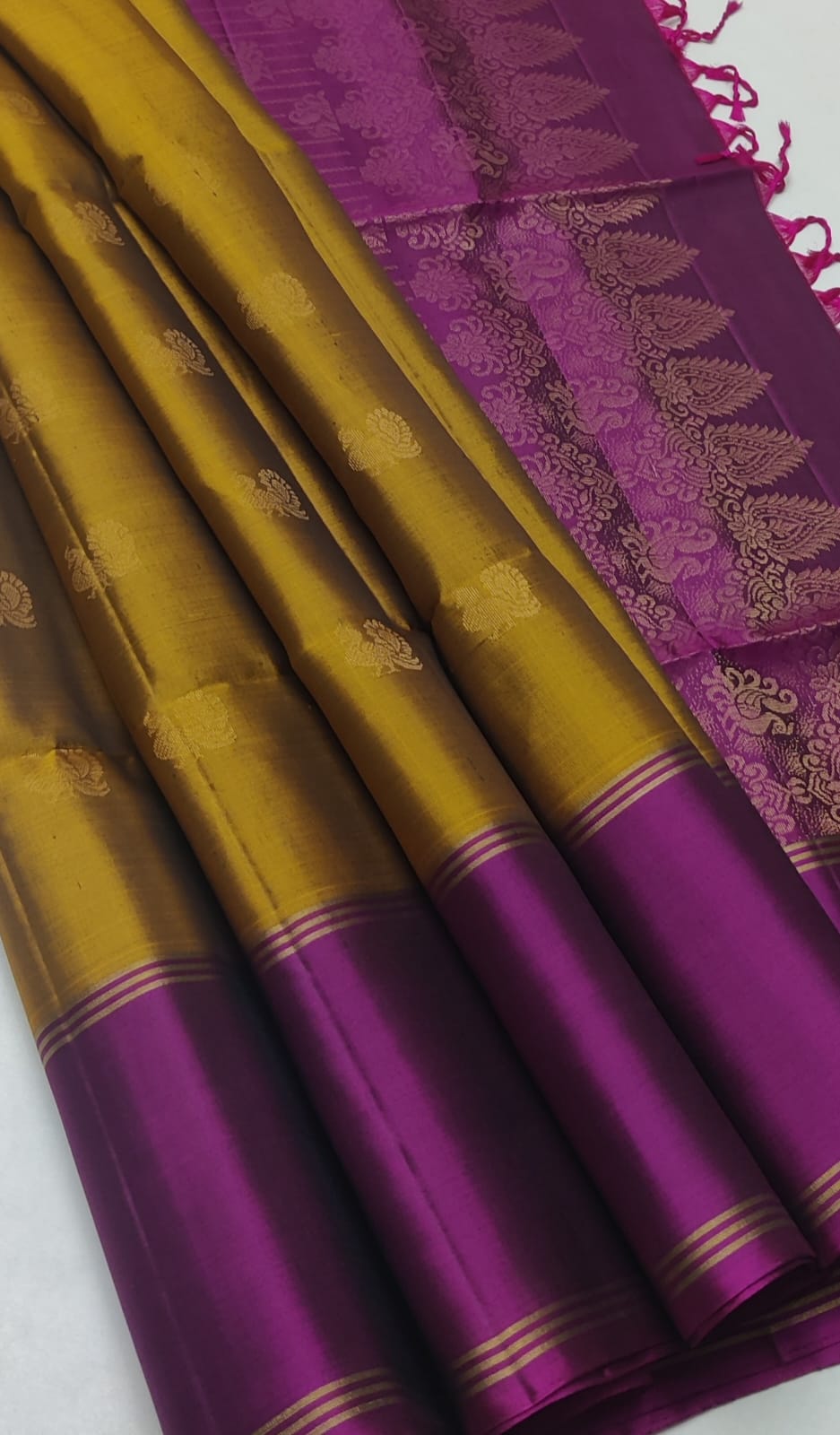 Mustard Gold & Magenta Kanjivaram Style Semi-Silk Saree with Zari Peacock Motifs