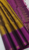 Mustard Gold & Magenta Kanjivaram Style Semi-Silk Saree with Zari Peacock Motifs