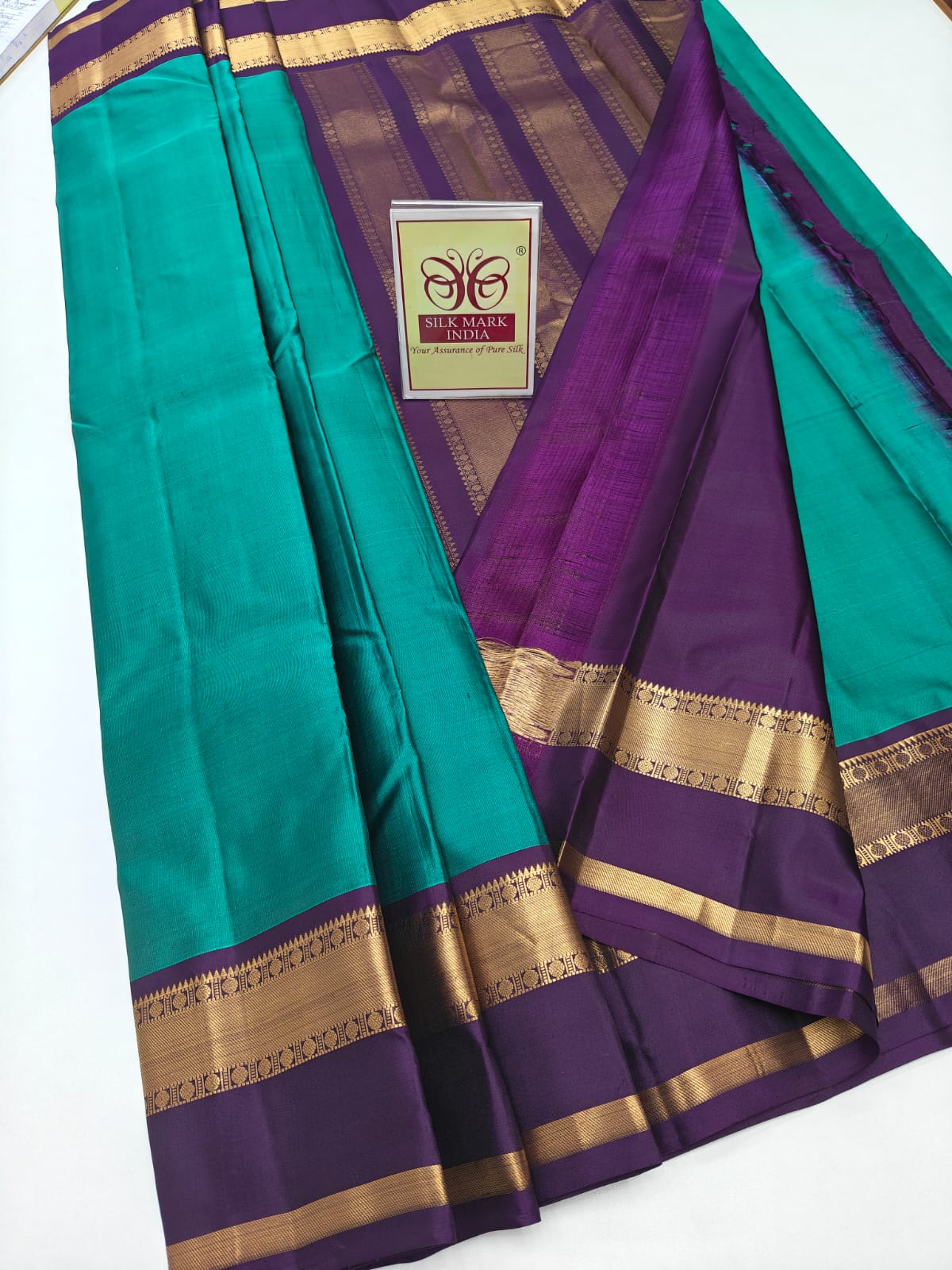 Vibrant Teal Green & Royal Purple Pure Silk Kanjivaram Saree with Gold Zari Border (Silk Mark Certified)
