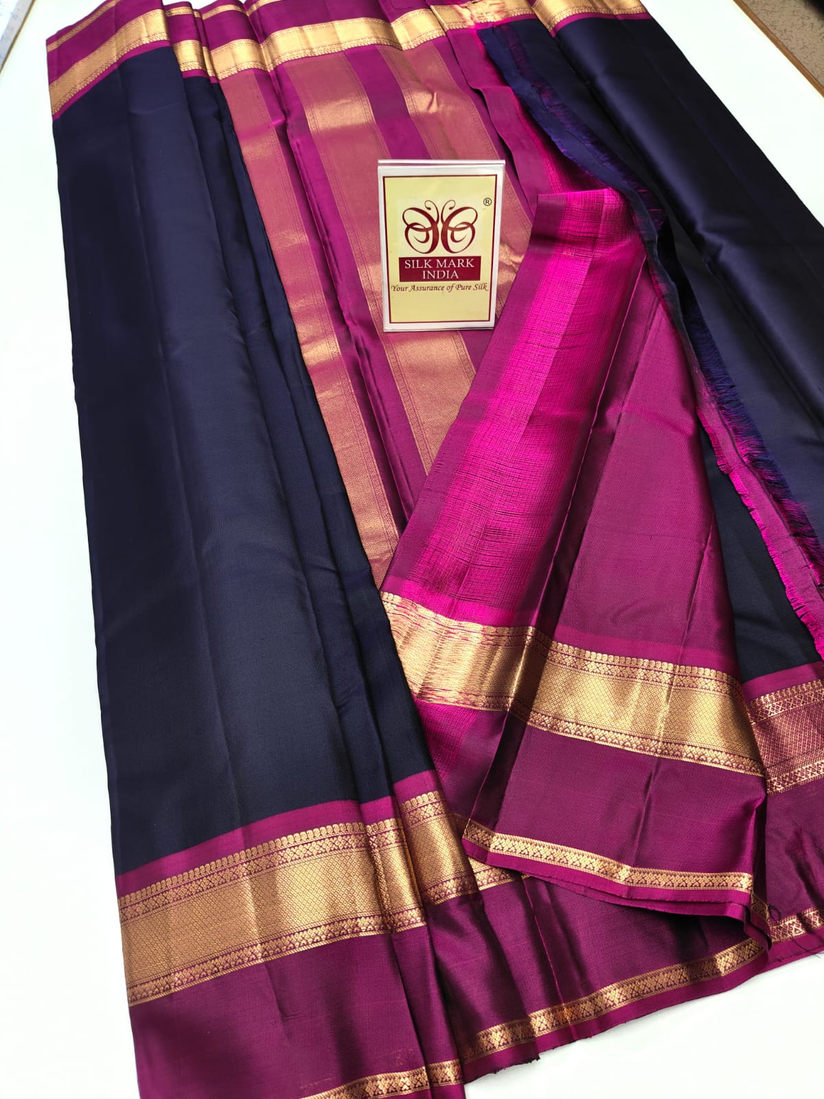 Deep Midnight Blue & Magenta Pink Pure Silk Kanjivaram Saree with Gold Zari Border (Silk Mark Certified)