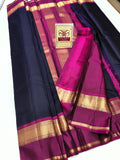 Deep Midnight Blue & Magenta Pink Pure Silk Kanjivaram Saree with Gold Zari Border (Silk Mark Certified)