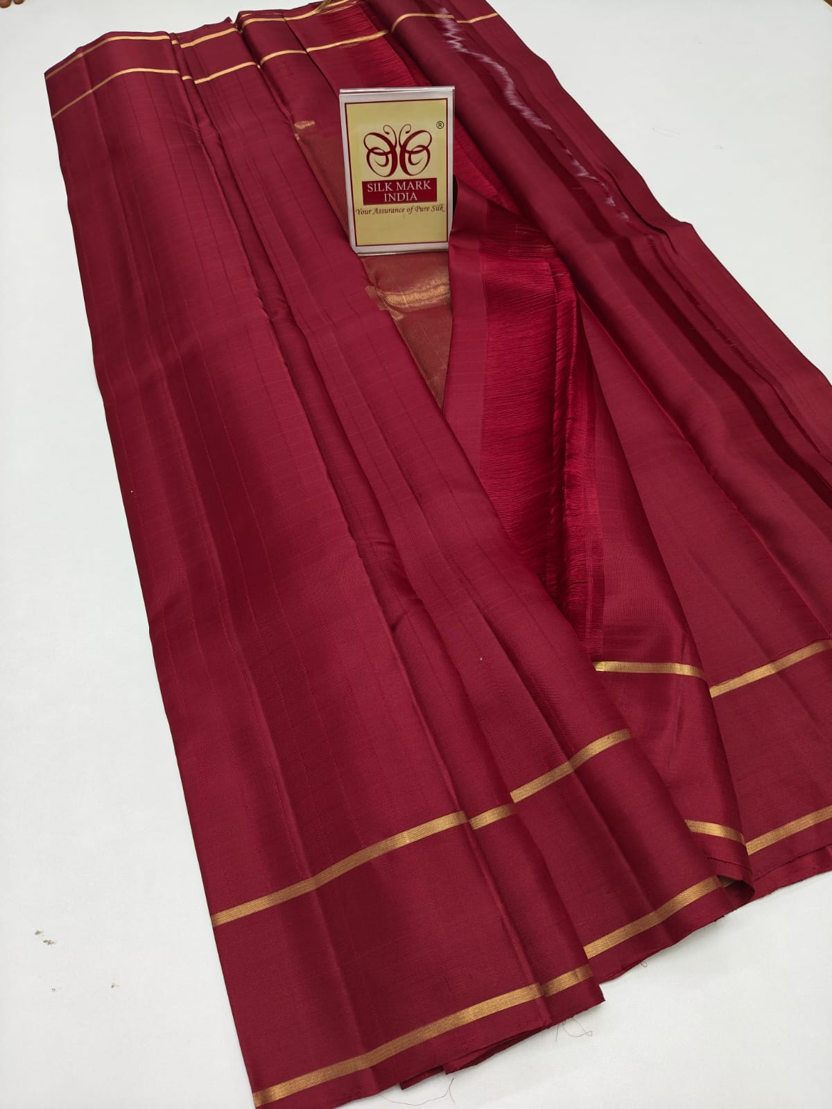 Classic Deep Maroon Red Pure Silk Kanjivaram Saree with Sleek Gold Zari Border (Silk Mark Certified)