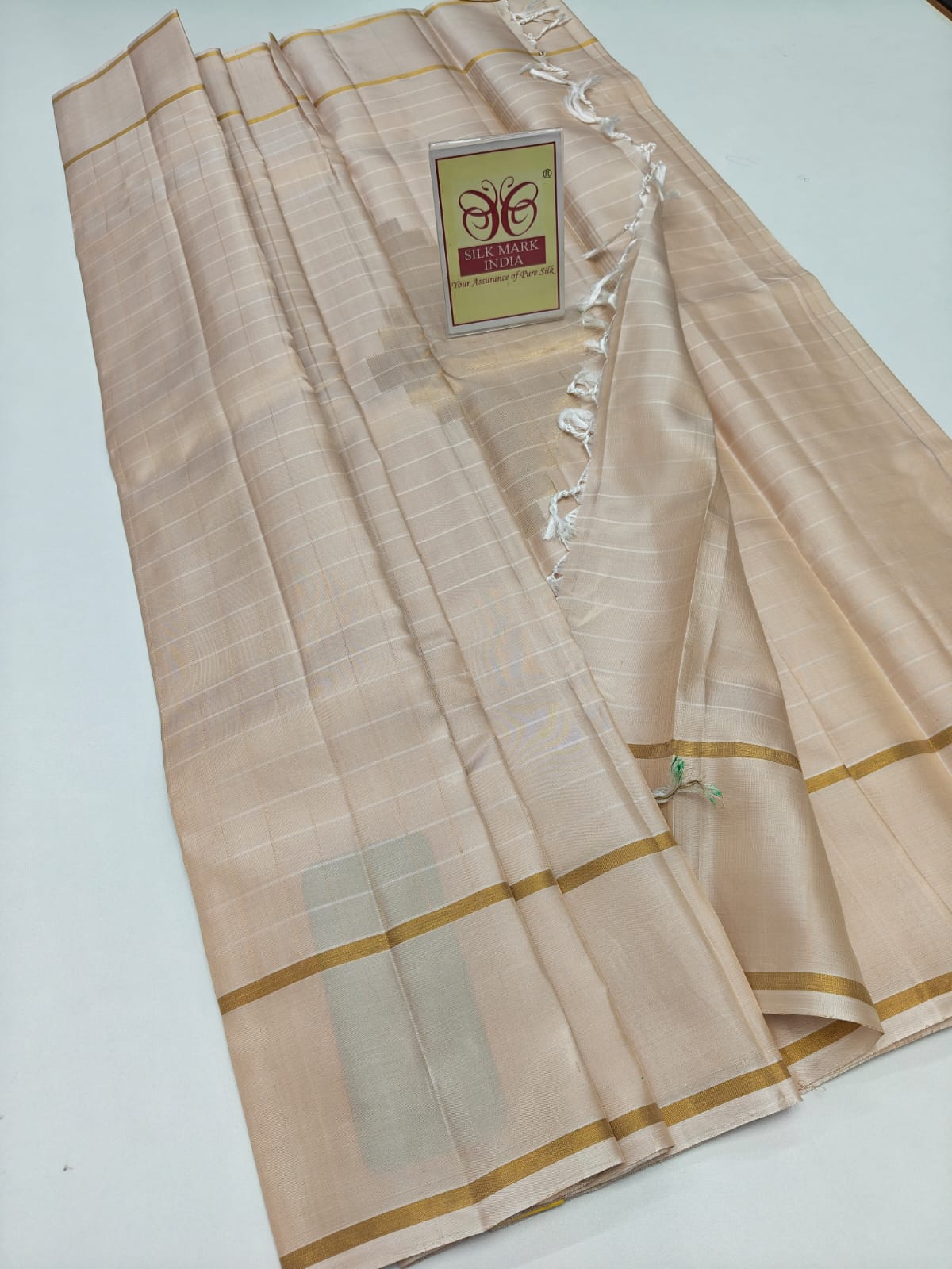 Elegant Off-White Cream Self-Checked Pure Silk Kanjivaram Saree with Sleek Gold Zari Border (Silk Mark Certified)