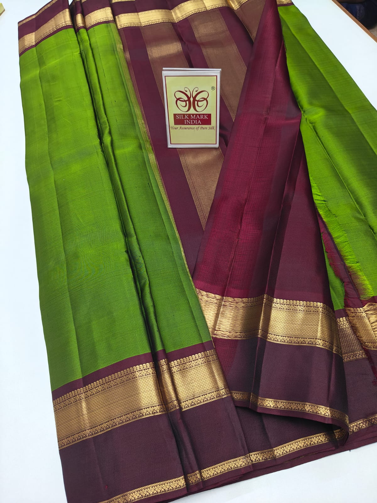 Vibrant Leaf Green & Deep Maroon Pure Silk Kanjivaram Saree with Gold Zari Border (Silk Mark Certified)