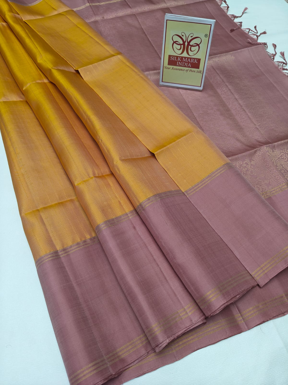 Warm Golden Yellow & Dusty Rose Pure Silk Kanjivaram Saree with Fine Zari Stripes (Silk Mark Certified)