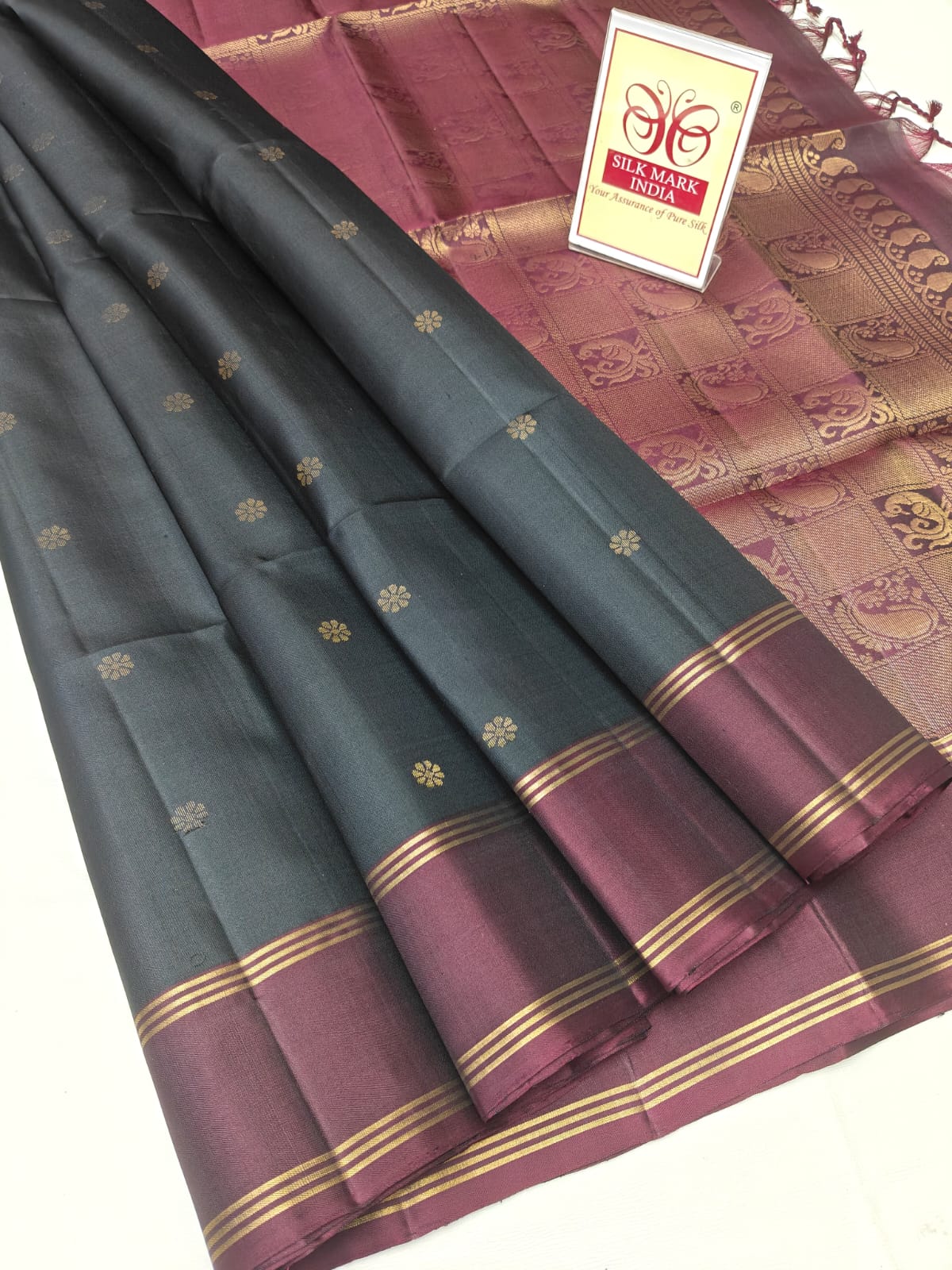 Charcoal Grey & Deep Wine Pure Silk Kanjivaram Saree with Floral Zari Motifs (Silk Mark Certified)