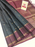 Charcoal Grey & Deep Wine Pure Silk Kanjivaram Saree with Floral Zari Motifs (Silk Mark Certified)