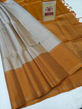 Metallic Silver & Ochre Mustard Pure Silk Kanjivaram Saree with Fine Zari Stripes (Silk Mark Certified)