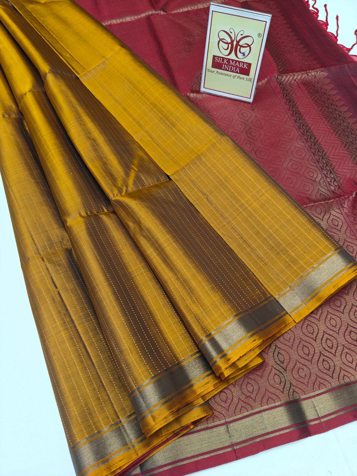 Golden Mustard Yellow & Deep Maroon Pure Silk Kanjivaram Saree with Fine Zari Stripes (Silk Mark Certified)