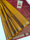 Golden Mustard Yellow & Deep Maroon Pure Silk Kanjivaram Saree with Fine Zari Stripes (Silk Mark Certified)
