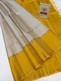 Silver Grey & Golden Yellow Pure Silk Kanjivaram Saree with Fine Zari Lines (Silk Mark Certified)