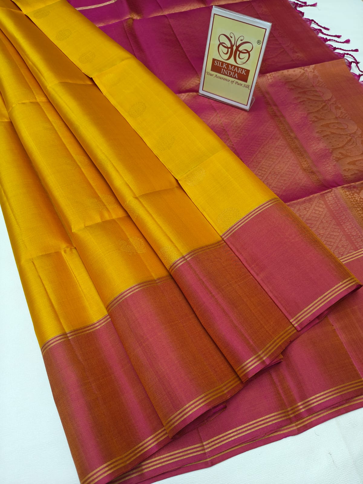 Luminous Golden Yellow & Deep Magenta Pure Silk Kanjivaram Saree (Silk Mark Certified)