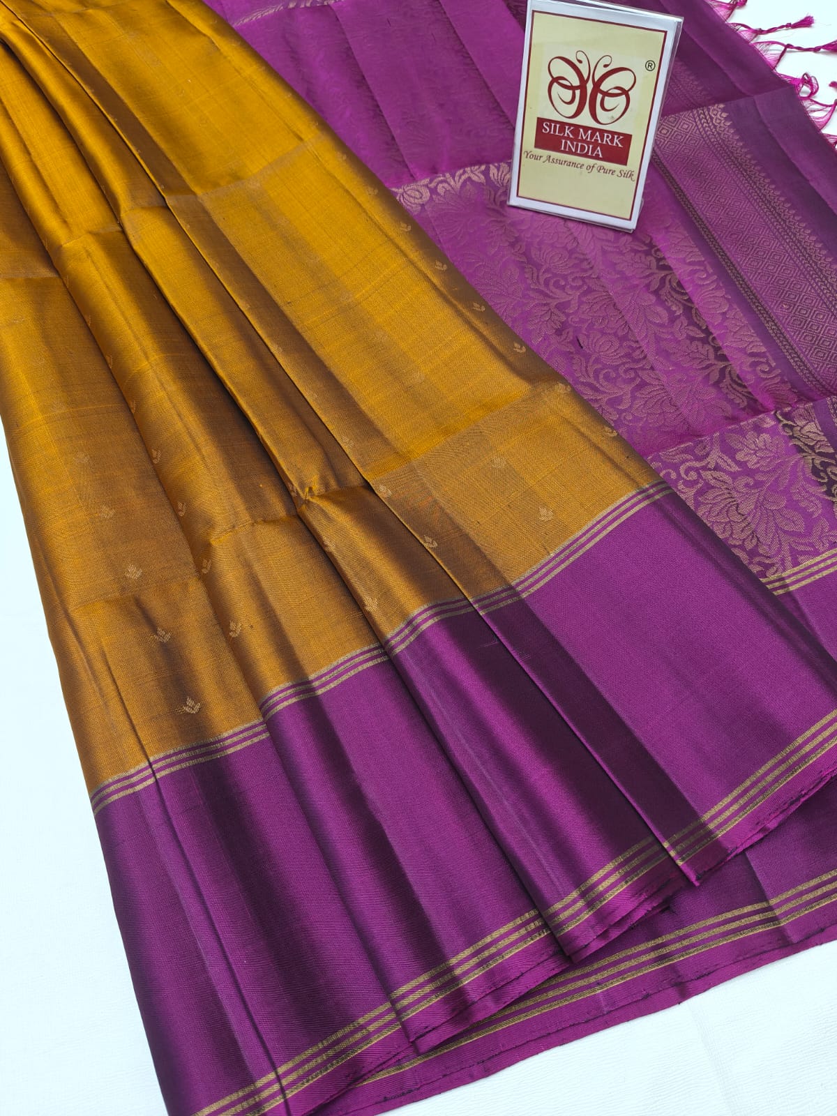 Golden Mustard & Magenta Purple Pure Silk Kanjivaram Saree with Zari Border