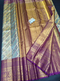 Silk Mark Certified Sea Green & Amber Gold Tissue Kanjivaram Pure Silk Saree with Magenta Meenakari Floral Jaal & Royal Purple Border