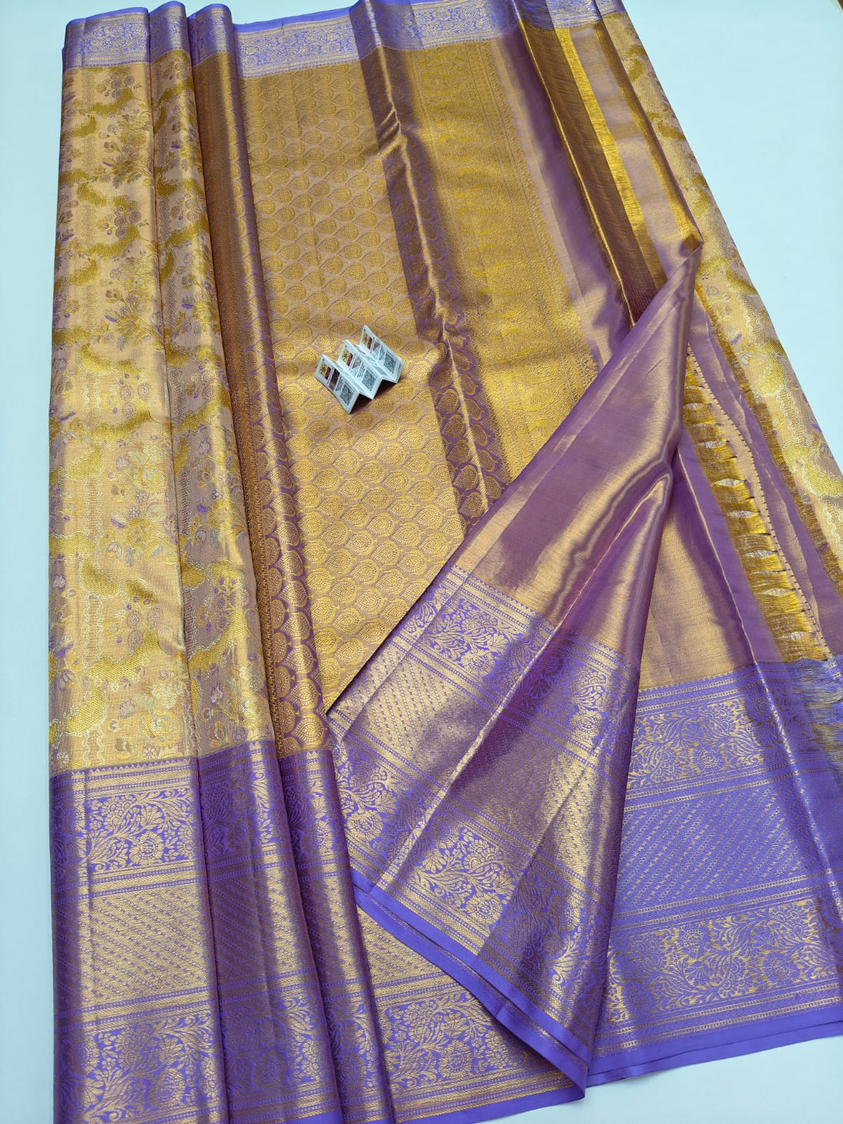 Silk Mark Certified Champagne Gold Tissue & Lavender Kanjivaram Pure Silk Saree with Floral Jaal & Orchid Purple Border