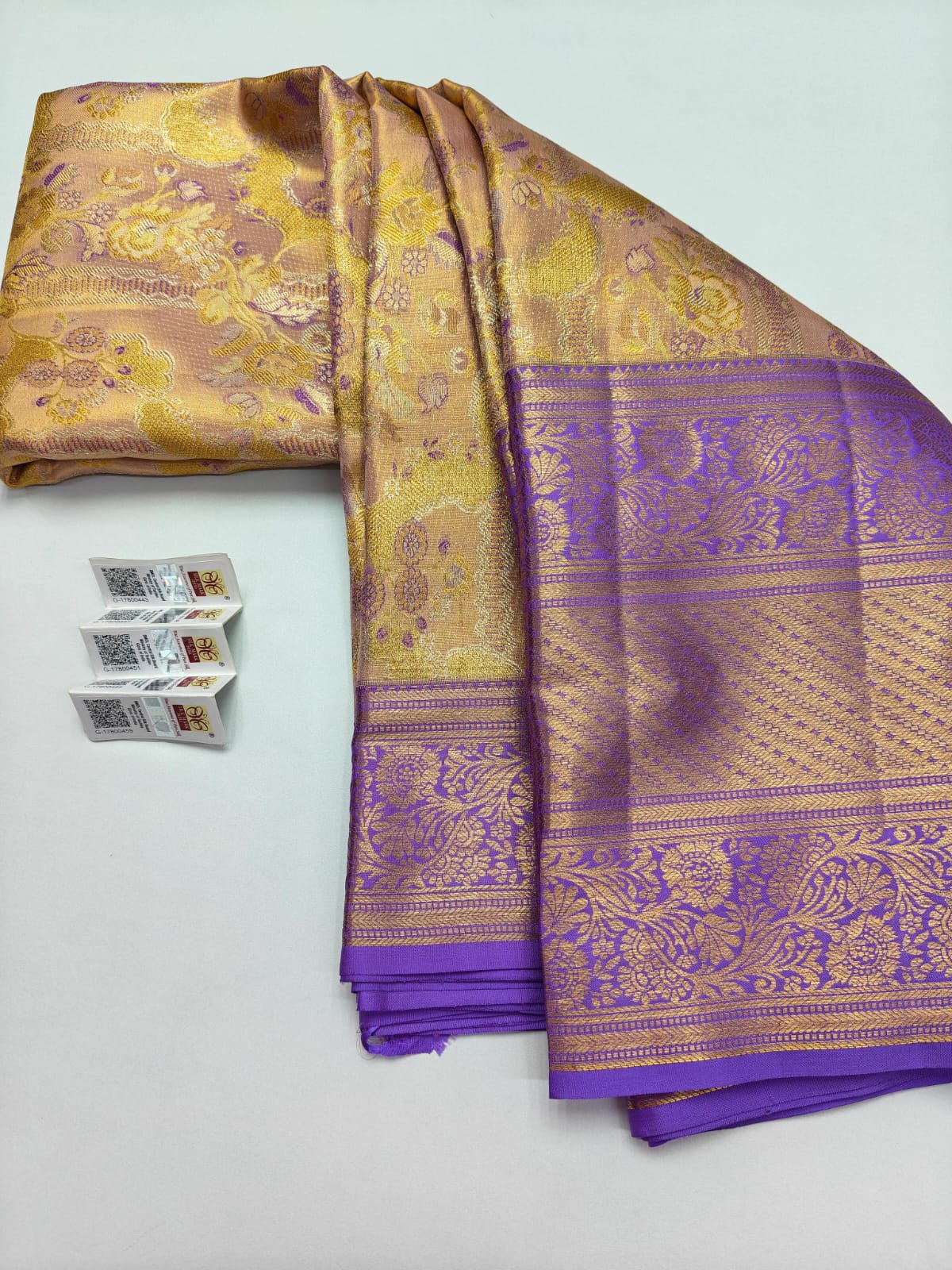 Silk Mark Certified Champagne Gold Tissue & Lavender Kanjivaram Pure Silk Saree with Floral Jaal & Orchid Purple Border